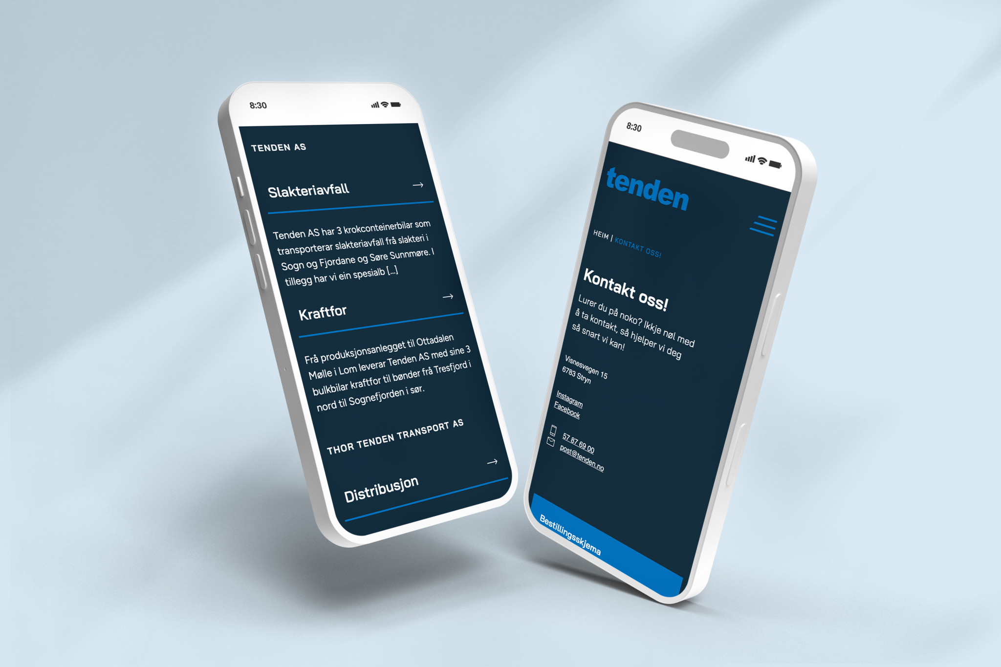 Mockup av nettside for Tenden på mobilskjerm